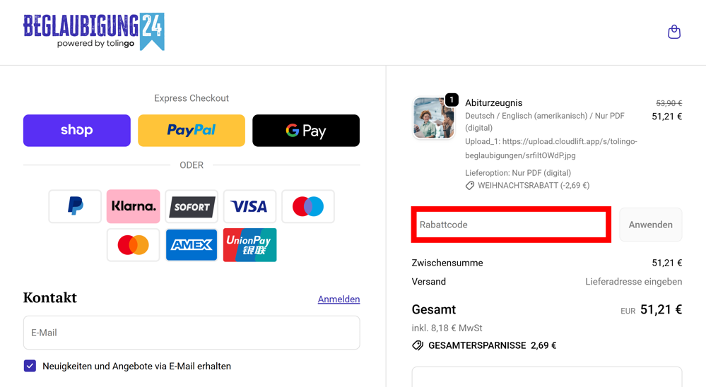 Checkout von Beglaubigung24 mit einem rotmarkierten Eingabefeld für Gutscheine