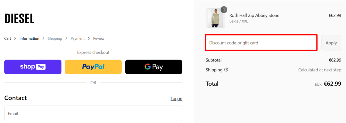 The Diesel checkout page with the discount code box highlighted in red