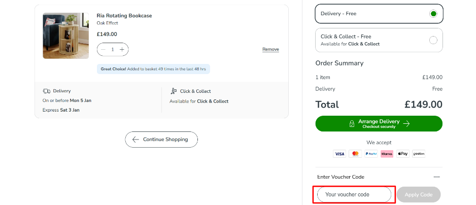Screenshot showing where to enter the voucher code in the checkout box.