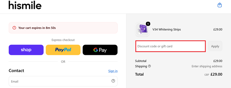image showing the HiSmile checkout page