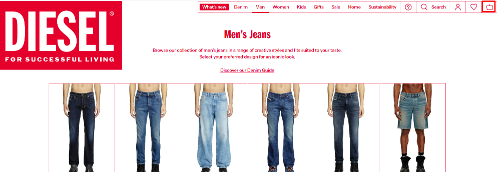 The Diesel shopping page and the different categories you can find different items you can shop from Diesel