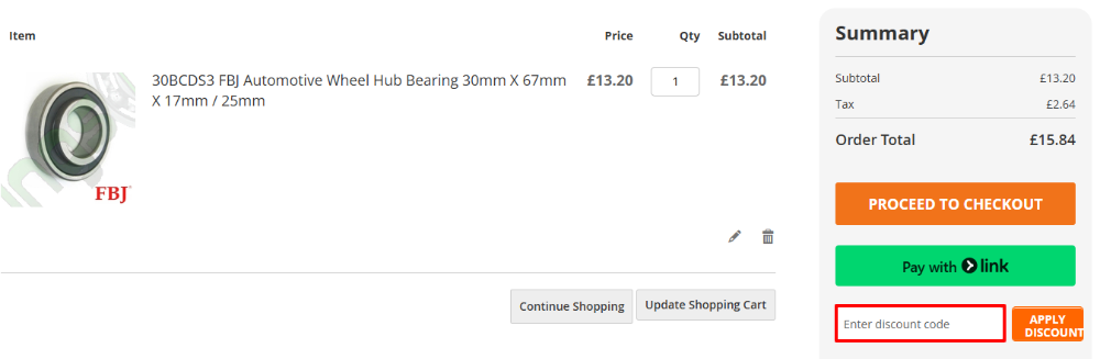 The BearingsRus checkout page with where to paste the BearingsRus voucher code in a red box.
