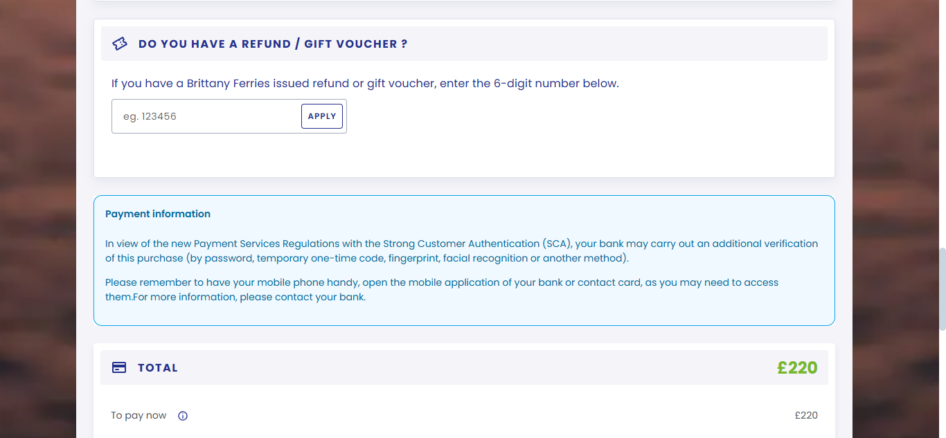 Brittany Ferries's checkout page where you can enter your Brittany Ferries voucher code