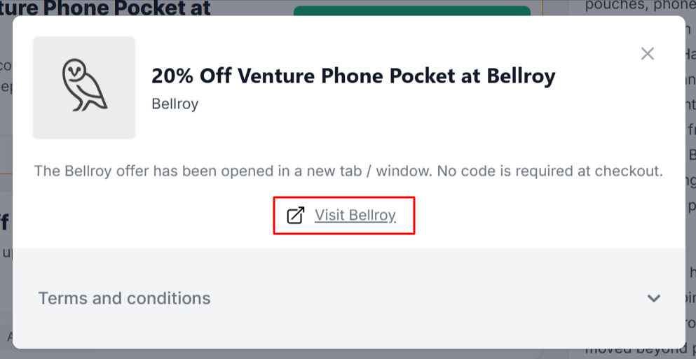 A Bellroy offer with "Visit Bellroy" in a red box.