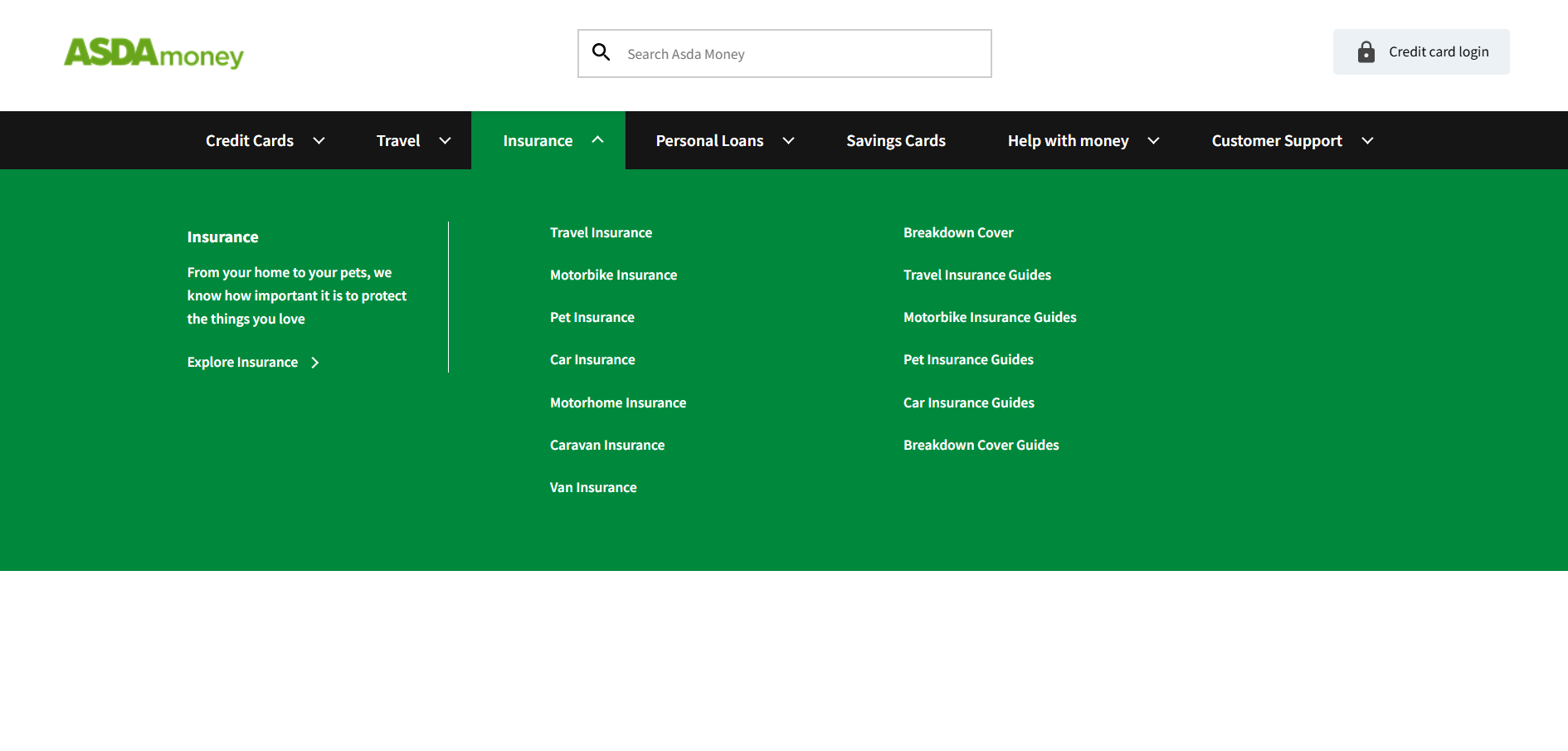 The Asda Money home page showing the available financial products