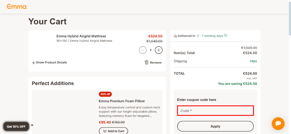 Emma Sleep discount code place where you can apply it to your order