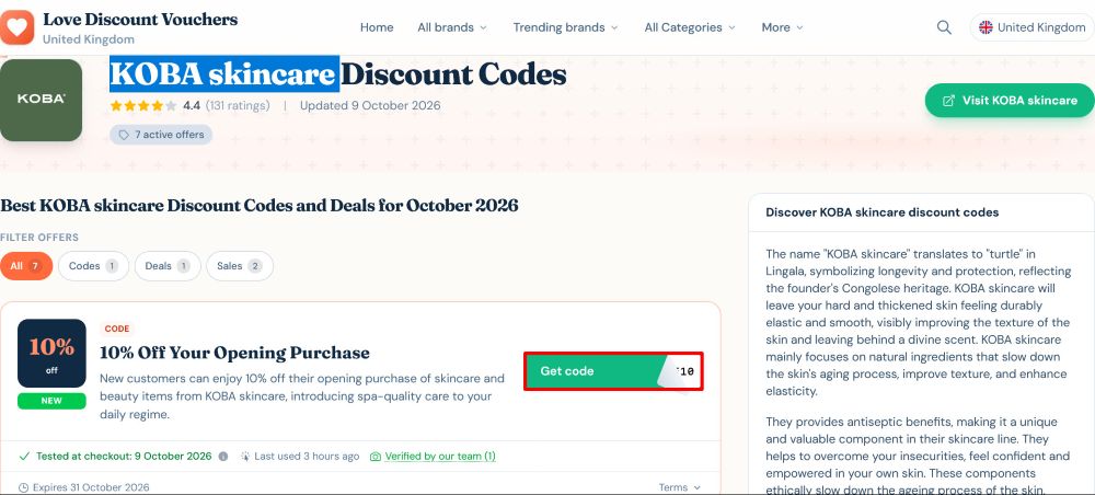 KOBA skincare Love Discount Vouchers page where a code is copied