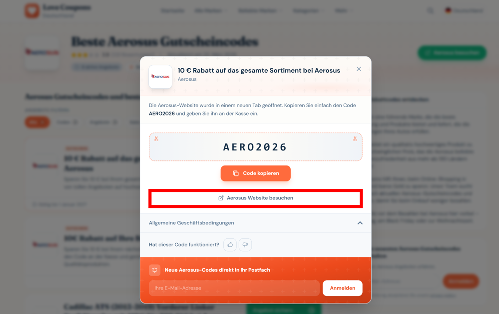 Ein offener Rabattcode für Aerosus auf der Love Coupons-Seite mit rotmarkiertem Link