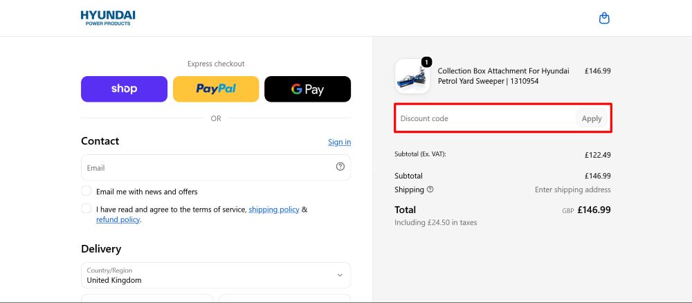 Hyundai Power Products checkout page where a code is pasted