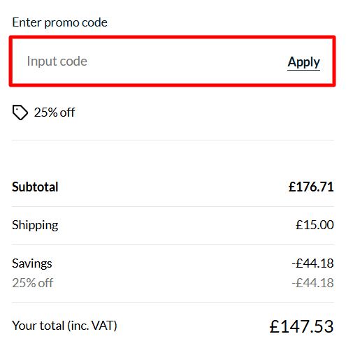 The California Shutters checkout page showing delivery options and the discount code box.