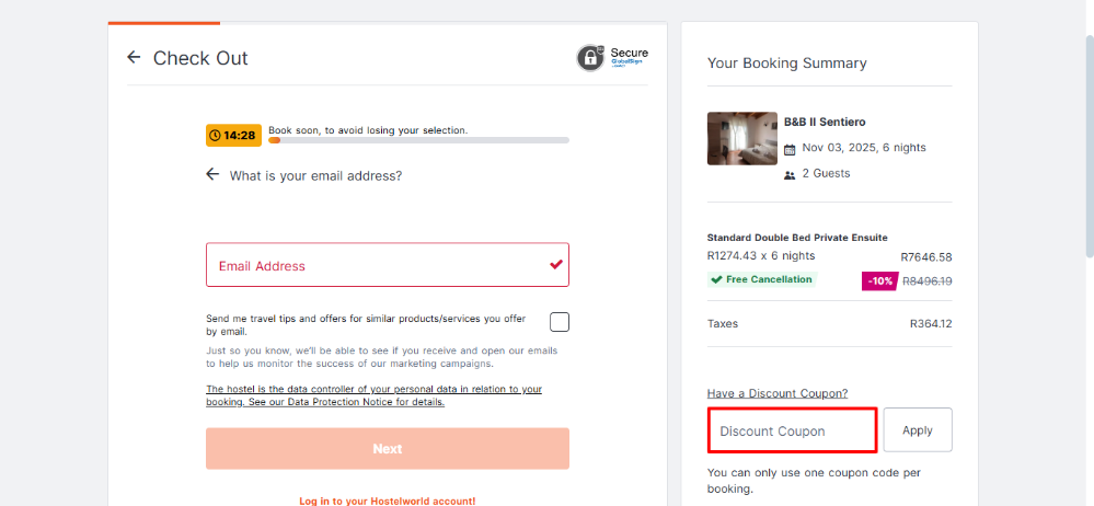 Apply your HostelWorld discount code in the booking summary