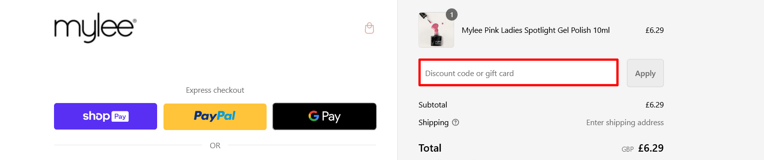 Mylee checkout page where to enter discount code highlighted in a red box