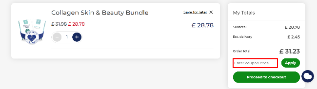 The checkout page showing where to apply your discount code