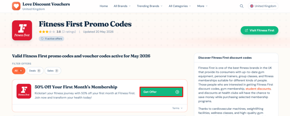 Fitness First Love Discount Vouchers page where an offer is found
