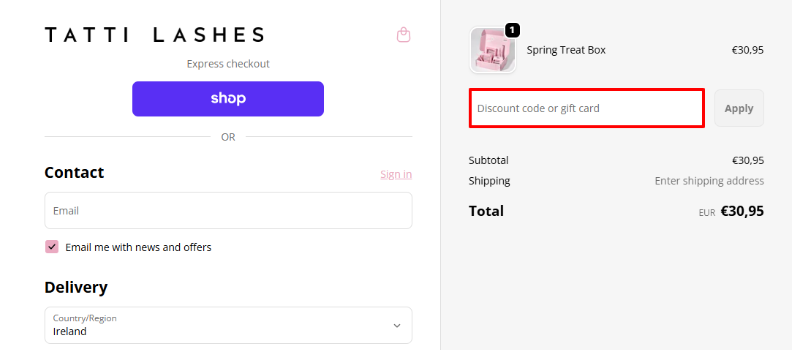 Tatti Lashes promo code box that is in a red box