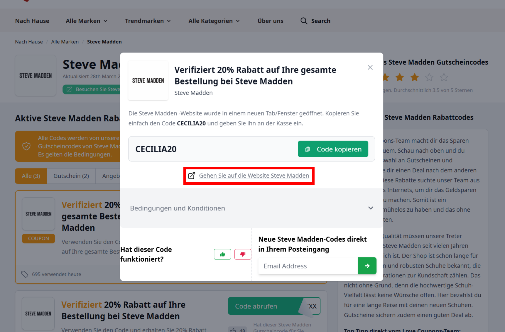 Ein offener Rabattcode von Steve Madden mit einem rotmarkiertem Link darunter