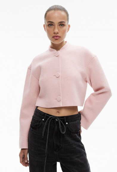 Women's coats and jackets: A model wearing the three button bomber jacket