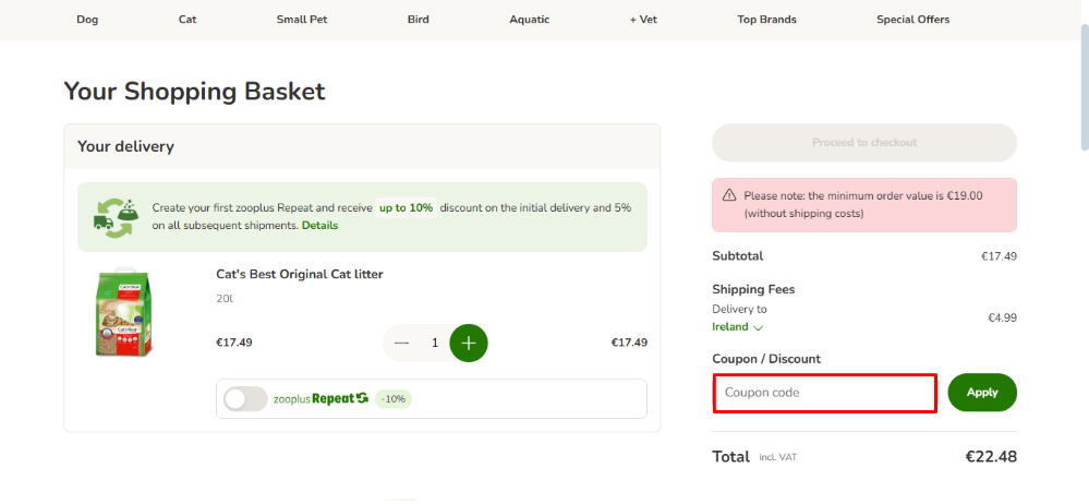 Zooplus discount code place in the shopping basket