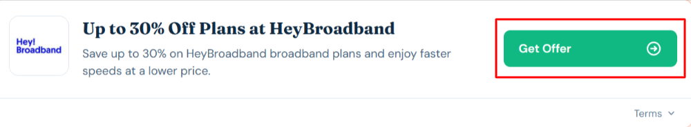 A HeyBroadband offer with "Get Offer" in a red box