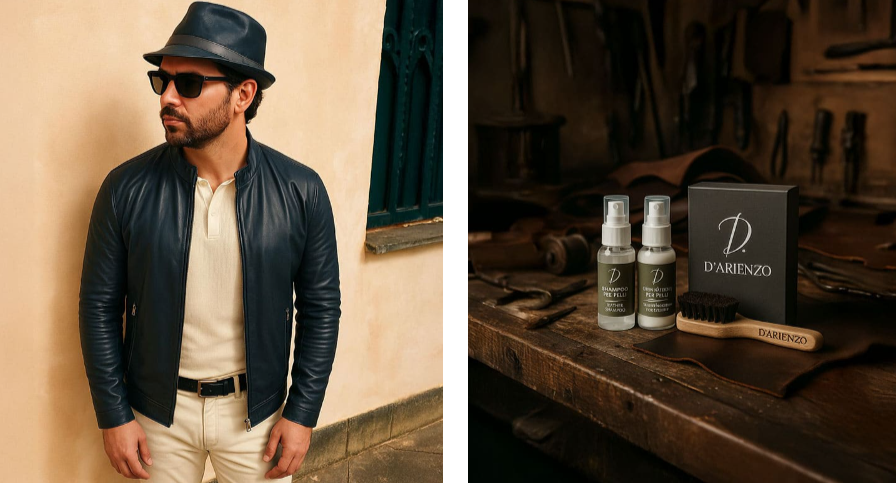 uomo che indossa cappello e abbigliamento D'Arienzo e altri prodotti D'Arienzo esposti da poter comprare con dei codici sconto D'Arienzo