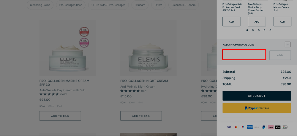 a red box where you enter a ELEMIS discount code