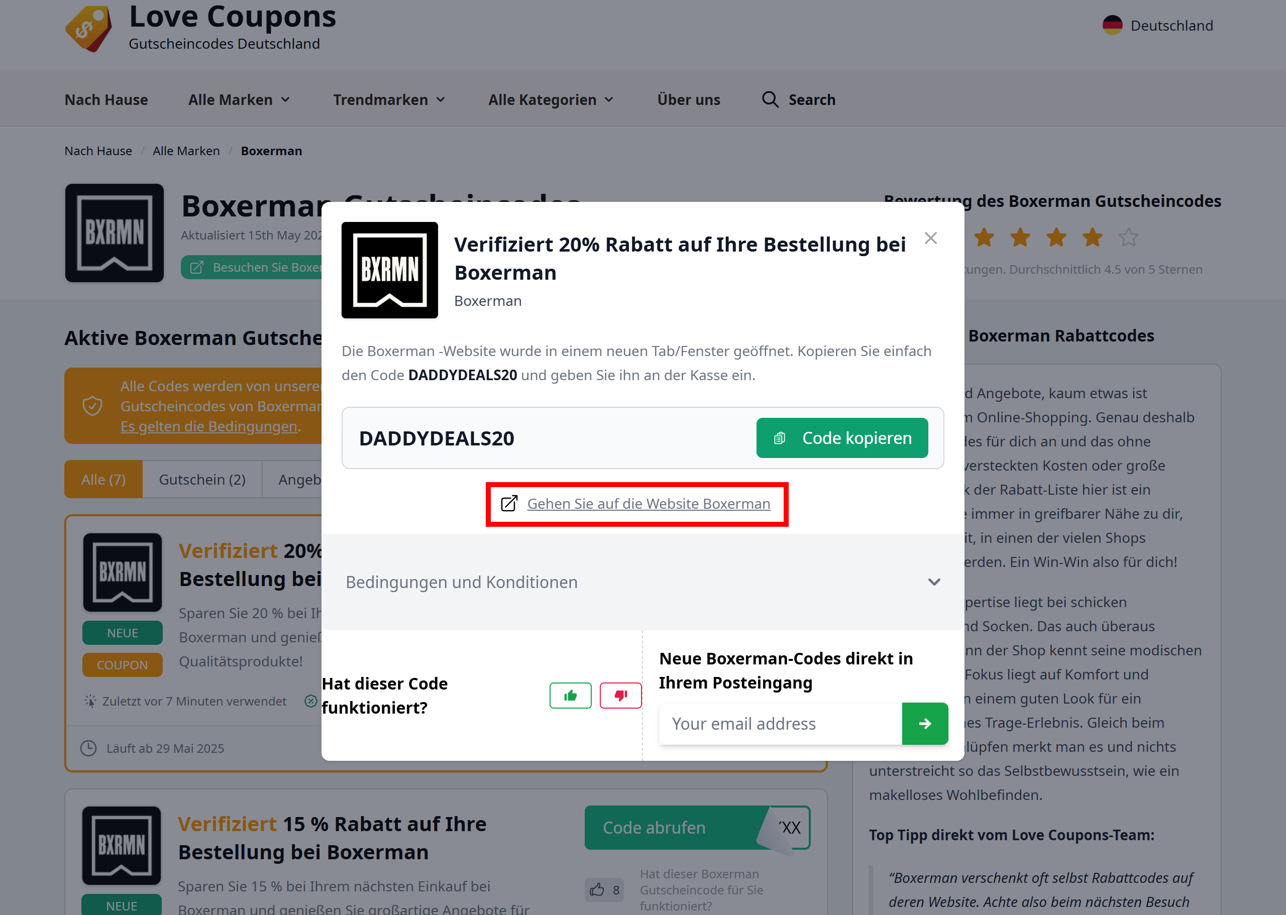 Ein offener Rabattcode von Boxerman mit einem rotmarkiertem Link zum Shop