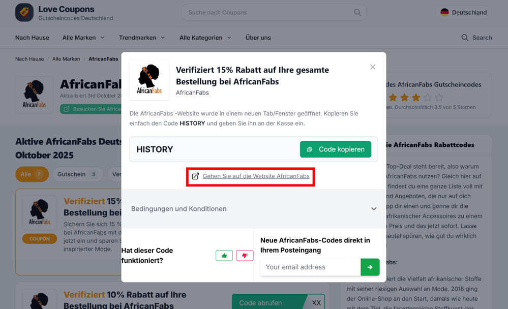 Ein offener Gutscheincode zu AfricanFabs auf Love Coupons mit rotmarkierten Link