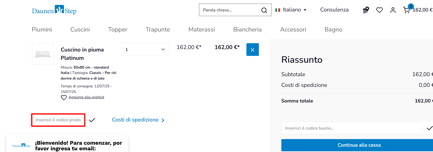 carrello del sito ufficiale DaunenStep dove poter inserire un codice sconto nell'apposita sezione