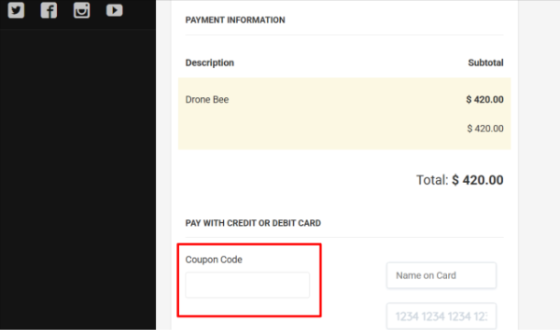 a marked red box with a "Coupon Code" label for voucher codes