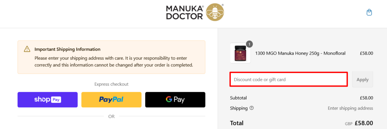 Manuka Doctor checkout page where to enter your code