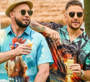 Two men wearing fun graphic shirts from Hardaddy