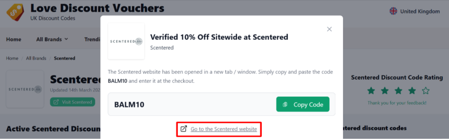 The highlighted red box shows the link that takes you to the Scentered website