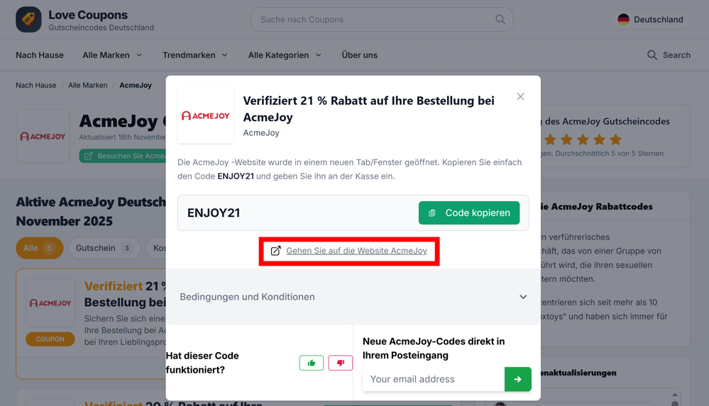 Offener Rabattcoe auf der Love Coupons-Seite zu AcmeJoy mit rotmarkiertem Link