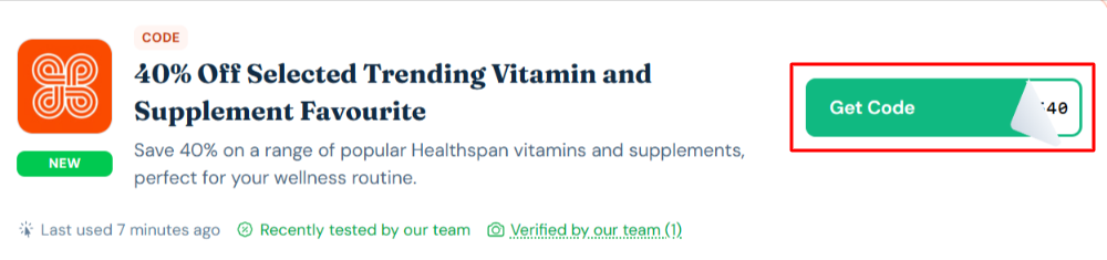 A Healthspan Elite voucher code with "Get Code" in a red box