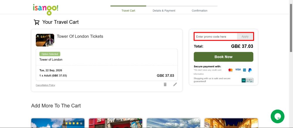 The checkout page for Isango!, where you paste the code