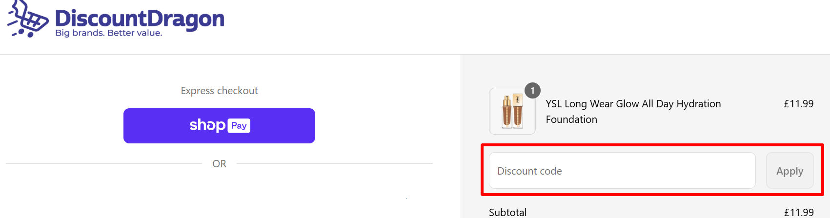 The checkout page showing where to apply your Discount Dragon voucher code