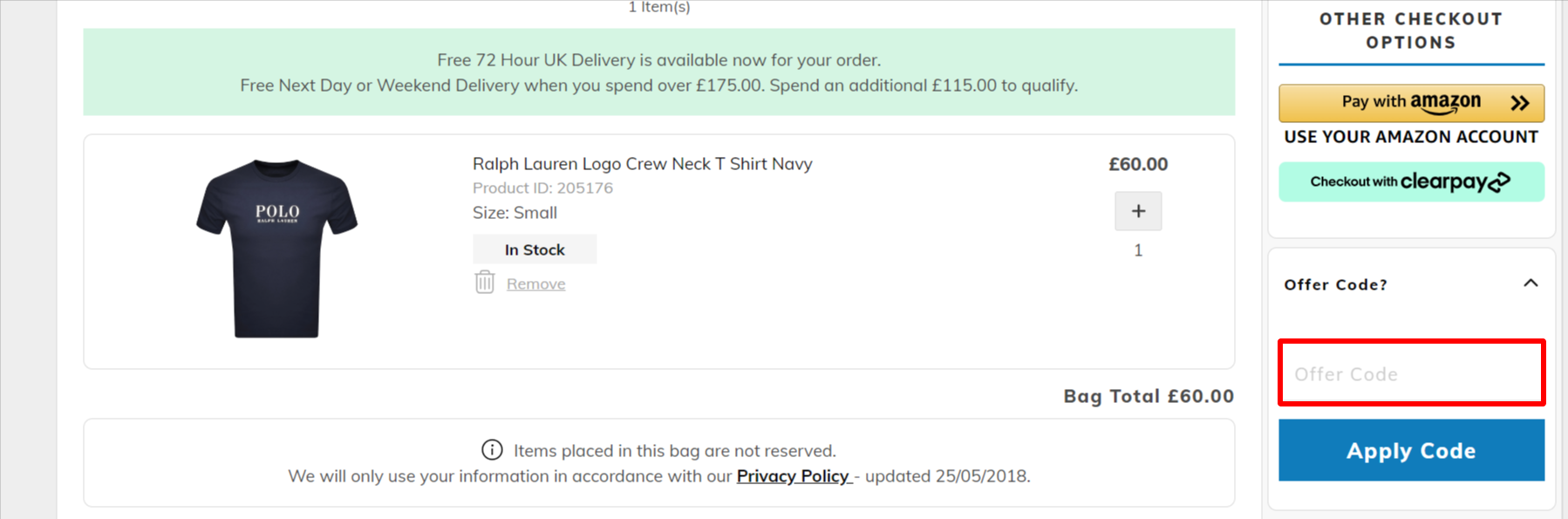 The checkout page showing where to apply your discount code