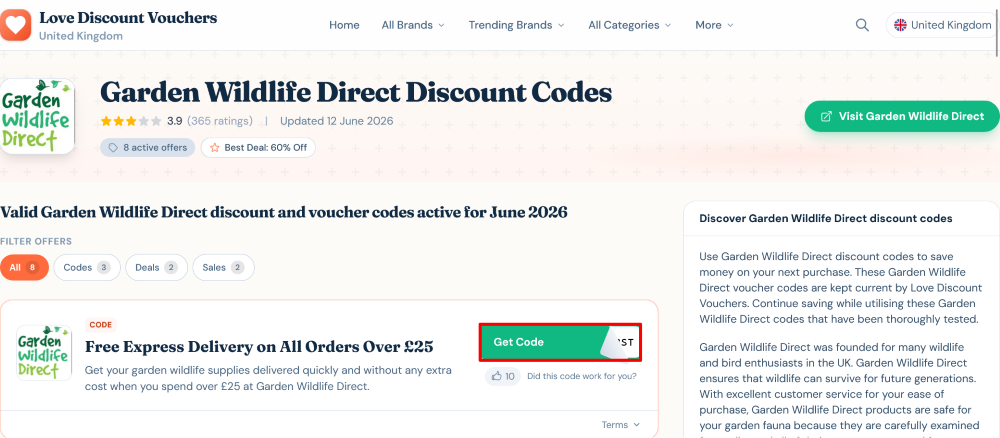 Garden Wildlife Direct page on Love Discount Vouchers where you copy the code highlighted in the red box.