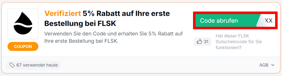 Infos zu einem FLSK Rabattcode mit einer rotmarkierten Schaltfläche