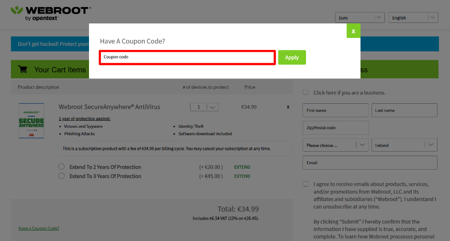 Apply your Webroot promo code before you pay