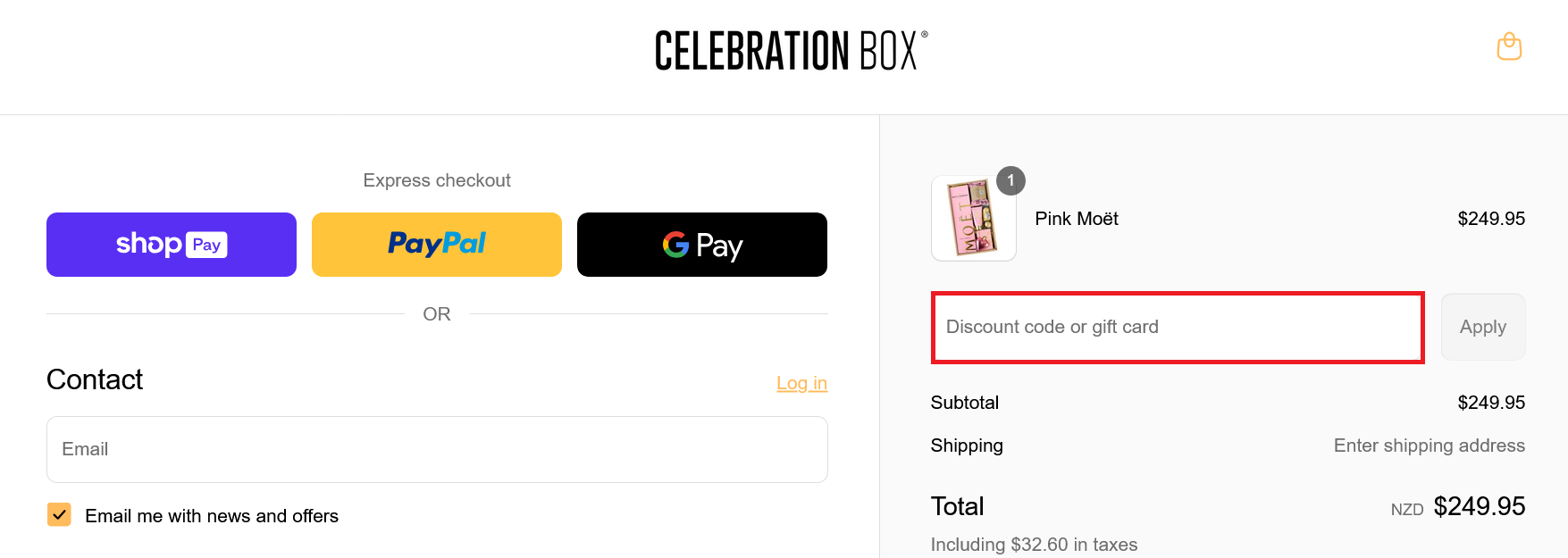 image showing the discunt code or gift card box, bordered in red