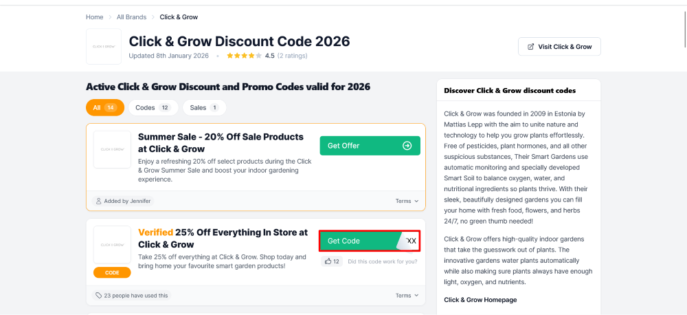 Click & Grow Love Discount Vouchers page showing where to copy a code