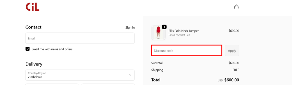 The checkout page for Cashmere In Love, where you paste the code