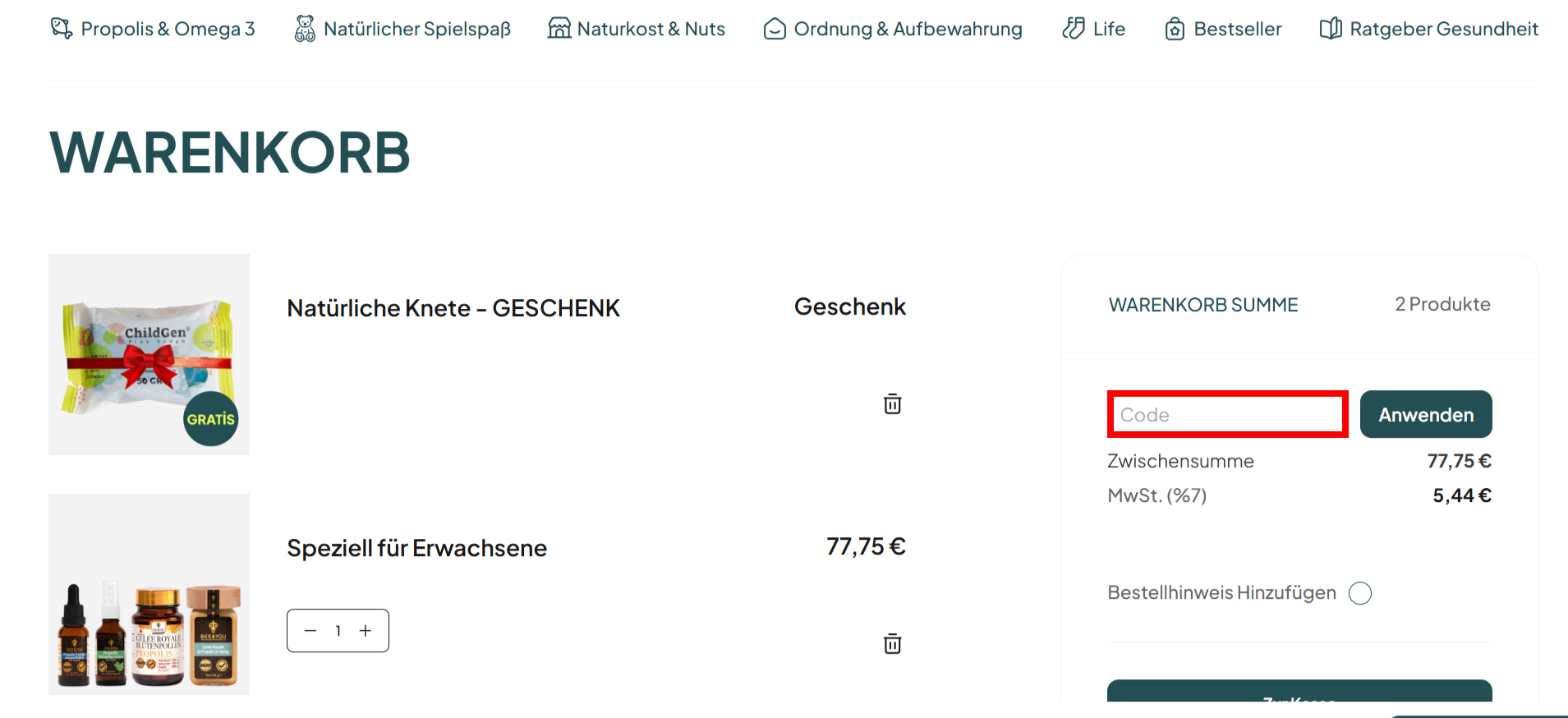 Warenkorb von Uandu mit einem rotmarkierten Eingabfeld für den Rabattcode