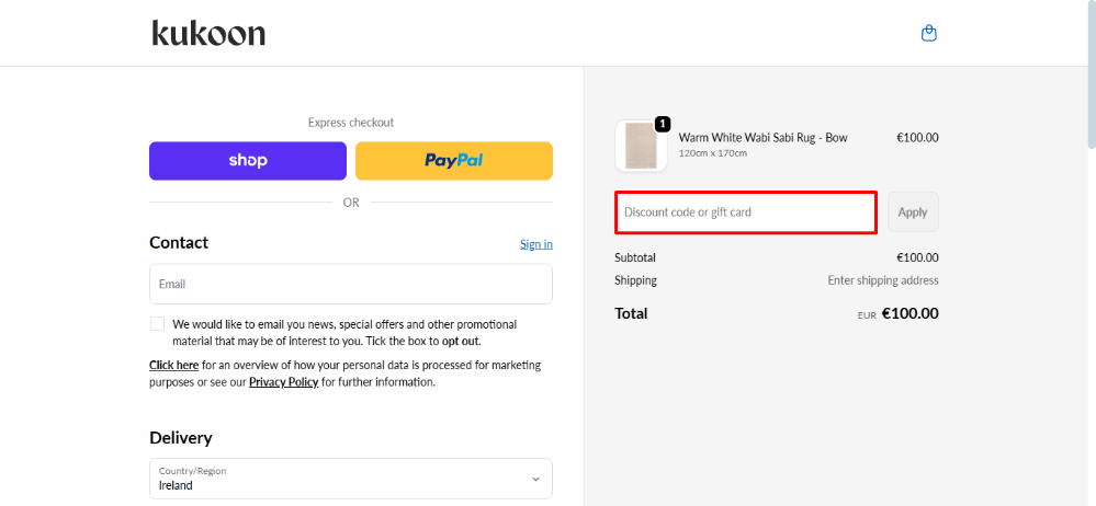 Kukoon Rugs discount code place highlighted during the checkout process