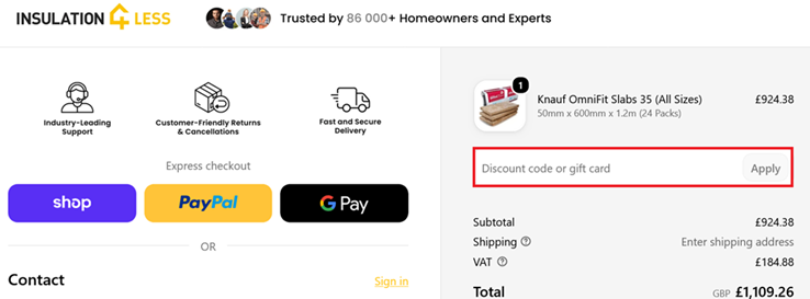 Image showing an example of the Insulation4less checkout page