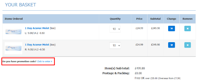 A box where you can add your Contactlenses.co.uk promo code to redeem it