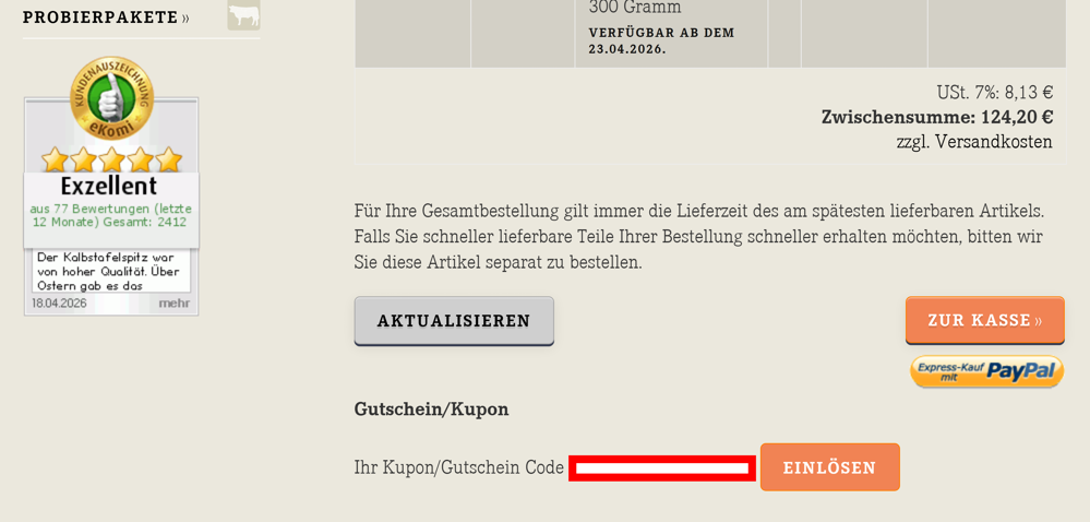 Checkout von Alber's Food Shop mit rotmarkiertem Eingabefeld für Rabattcodes