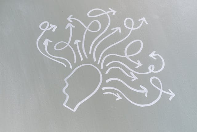 Single on Valentine’s Day: A drawing of a head with thoughts taking different paths