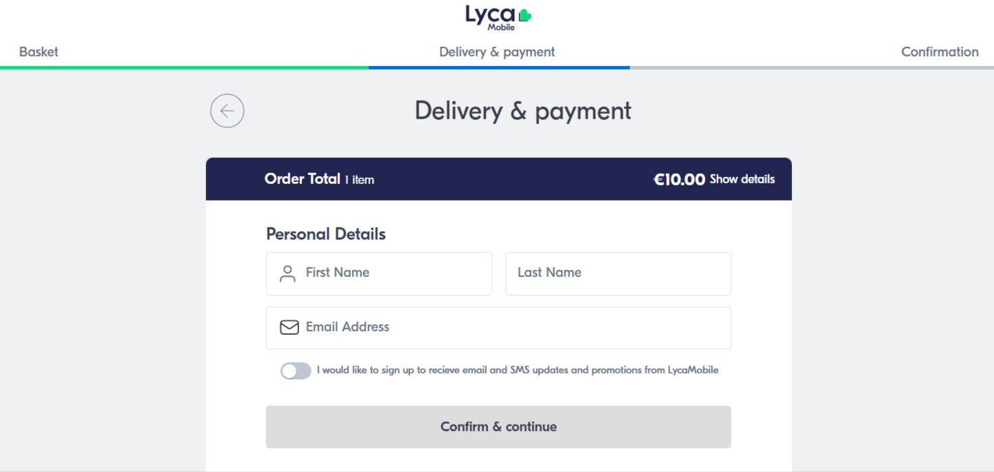 The Lyca Mobile checkout page